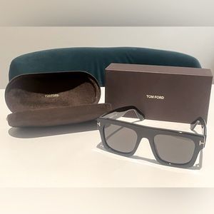 Tom Ford Fausto unisex black sunglasses, case and cleaning cloth.